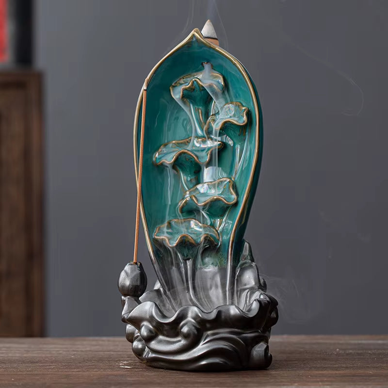 Lotus Lotus Lotus Waterfall Back Incense Furnace Handicaft Bottle Casting Furnace Yoga Home Ornaments Candles Aromattherapy Stove Incense Seat Psychotherapy Incense Table Leg Suitable for Gifts