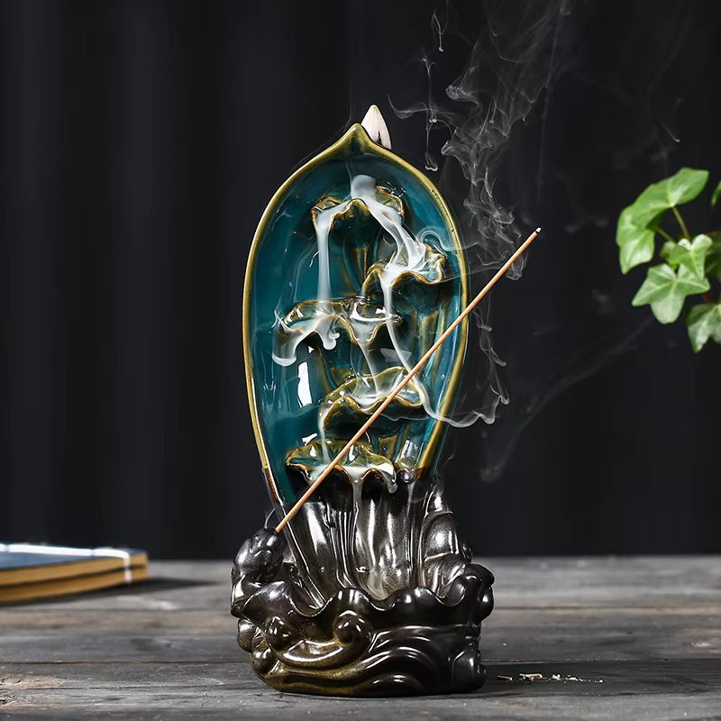 Lotus Lotus Lotus Waterfall Back Incense Furnace Handicaft Bottle Casting Furnace Yoga Home Ornaments Candles Aromattherapy Stove Incense Seat Psychotherapy Incense Table Leg Suitable for Gifts